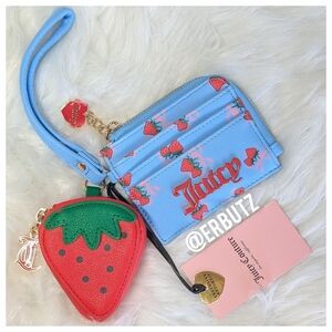 Juicy Couture Blue Gleam Sweet Strawberry Zip Card Case Wristlet w/ Coin Purse🍓